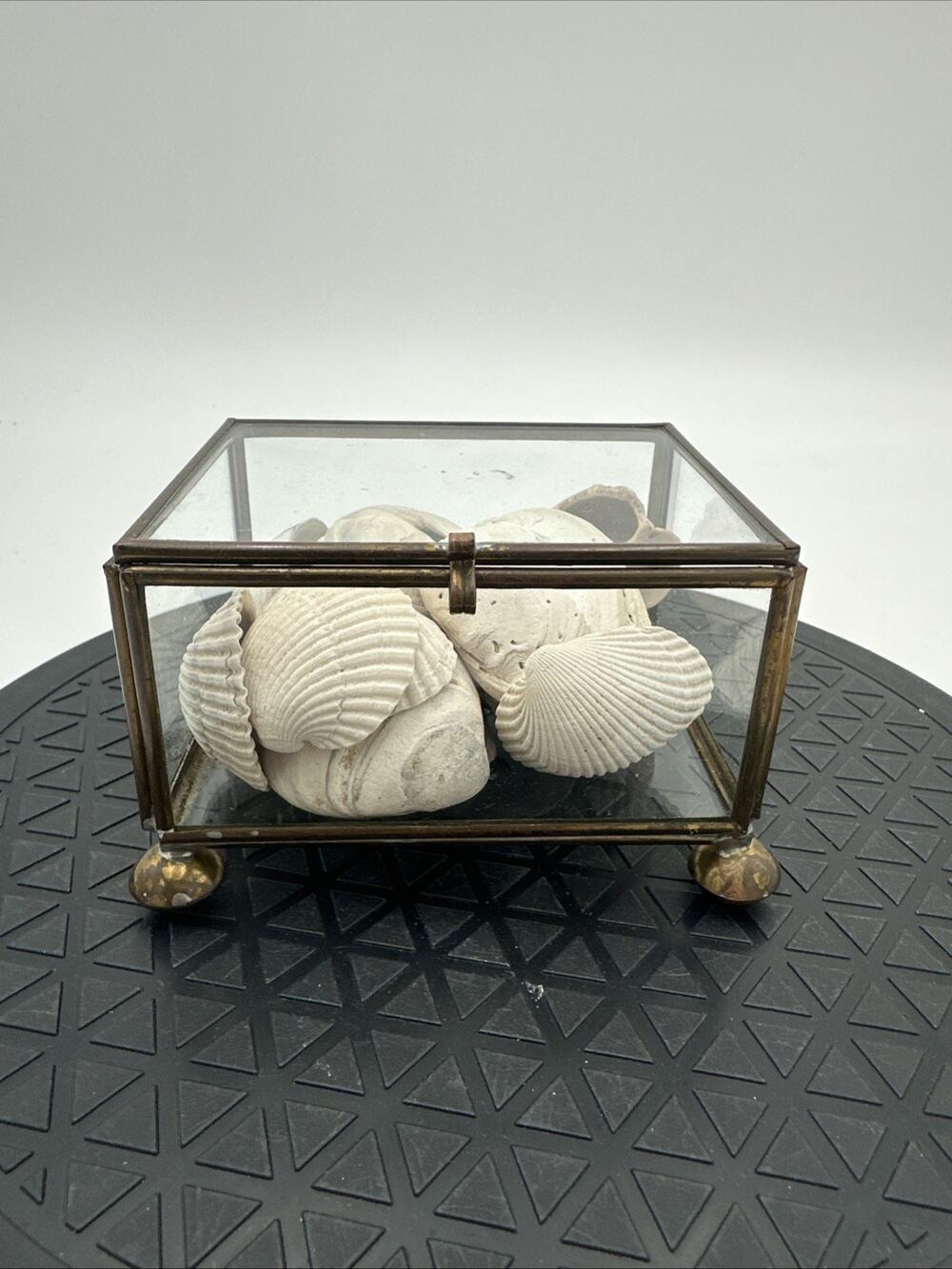 Vintage Glass Brass Trinket Tray With Seashells